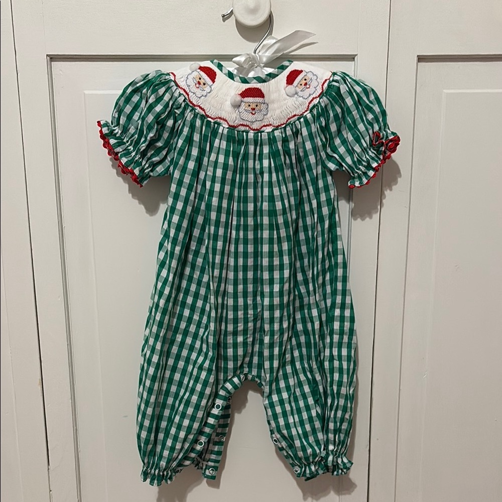 Green Gingham Baby Romper with Santa Smocking